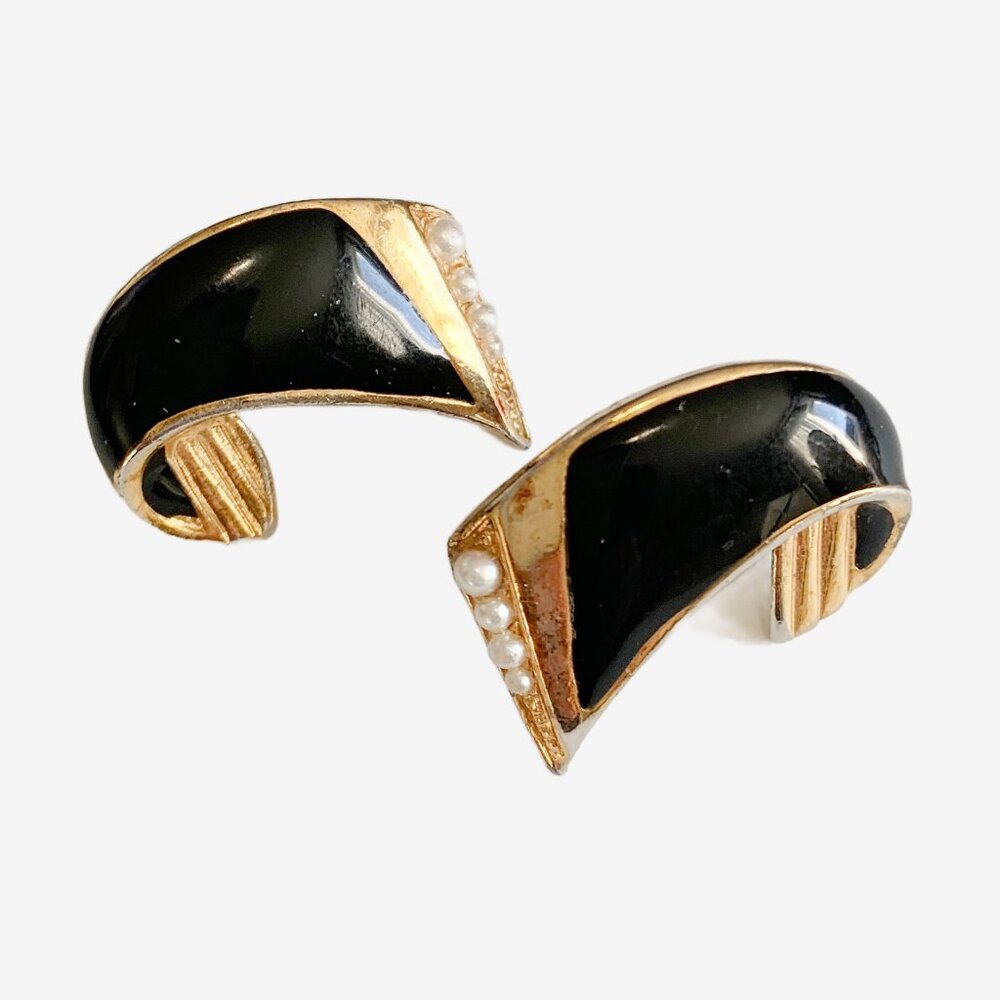 Vintage Art Deco Inspired Black and Gold Earrings with Pearl Details